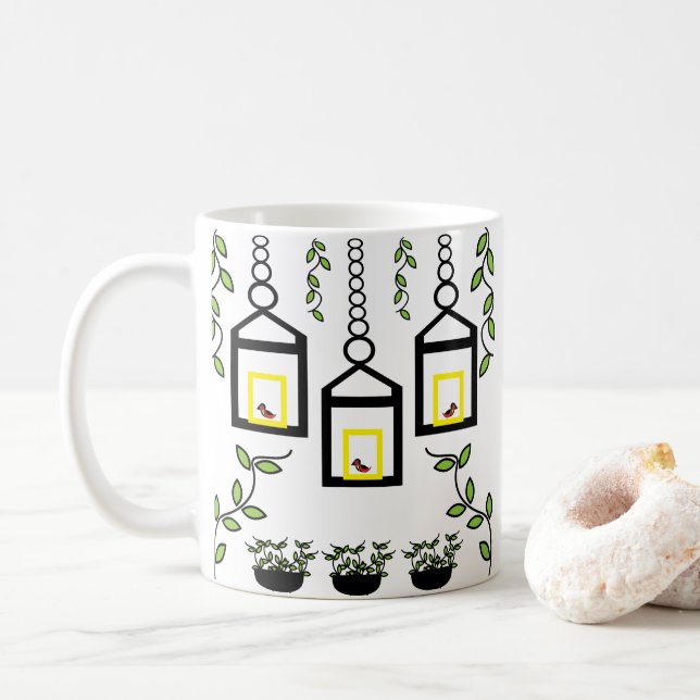 Green Plants Birds Nature Pattern Coffee Mug (With Donut)