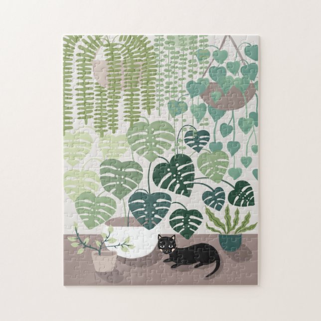 Green plants, monstera and black cat art puzzle (Vertical)