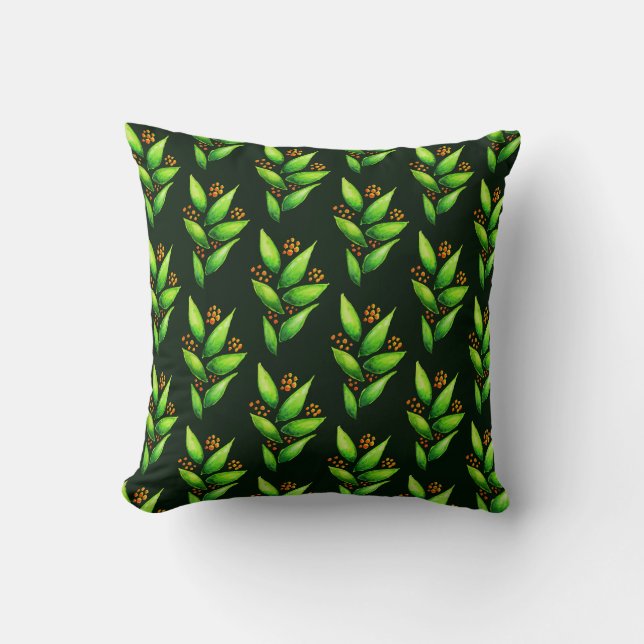 Green Plants With Berries Watercolor Pattern Cushion (Front)