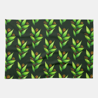 Green Plants With Berries Watercolor Pattern Tea Towel