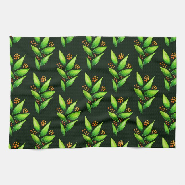 Green Plants With Berries Watercolor Pattern Tea Towel (Horizontal)