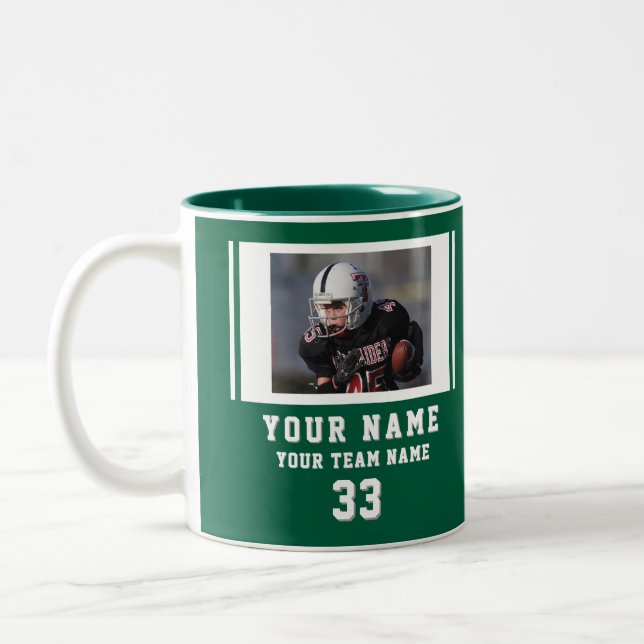 Green Player Name Number Team Photo Two-Tone Coffee Mug (Left)