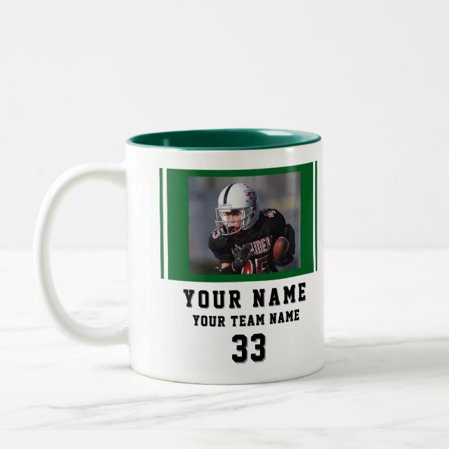Green Player Name Number Team Photo Two-Tone Coffee Mug (Left)