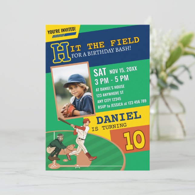 Green Playful Baseball Sports Kids Birthday Party Invitation (Standing Front)