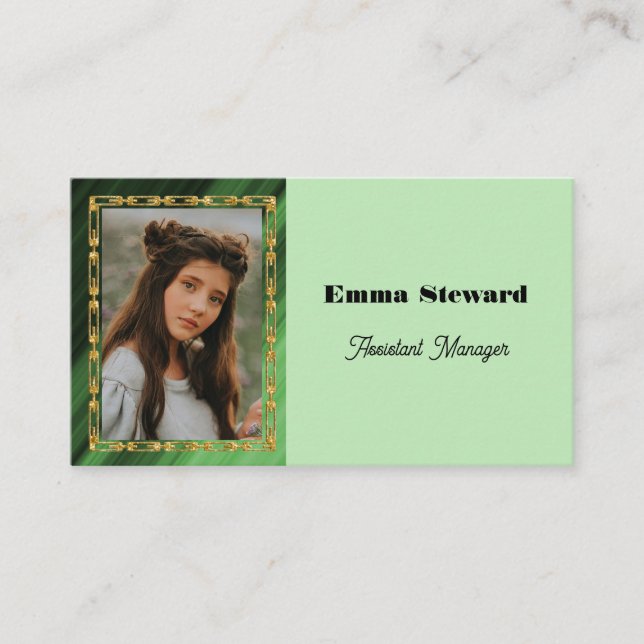 Green Pleat & Gold Chain with Personalised Photo Business Card (Front)