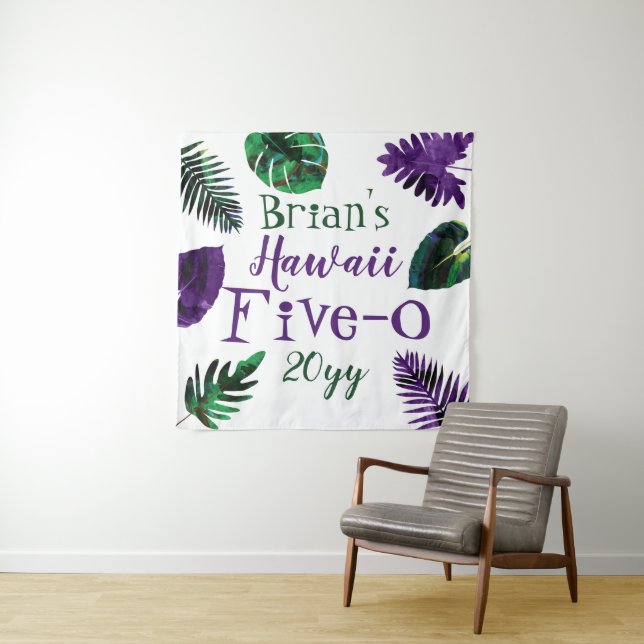 Green, Plum Purple Leaves Hawaii 5-0 50th Birthday Tapestry (In Situ)