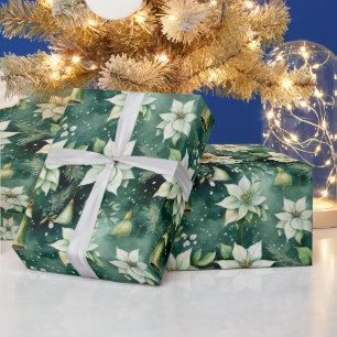 Green Poinsettia & Bell Christmas Wrap Wrapping Paper