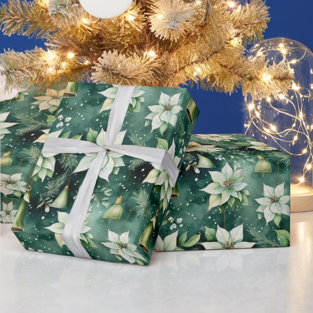 Green Poinsettia & Bell Christmas Wrap Wrapping Paper (Holidays)