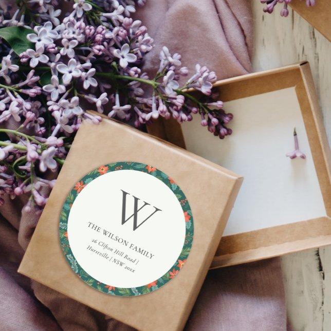 Green Poinsettia Christmas Floral Monogram Address Classic Round Sticker (Creator Uploaded)