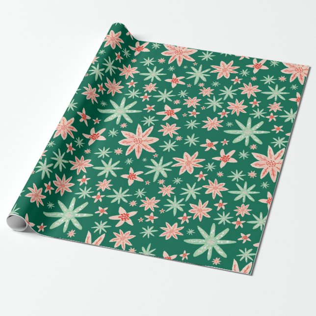 Green Poinsettia Pattern Christmas Wrapping Paper (Unrolled)