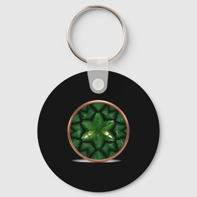 Green Pointed Star Fractal With Copper Frame Key Ring (Front)