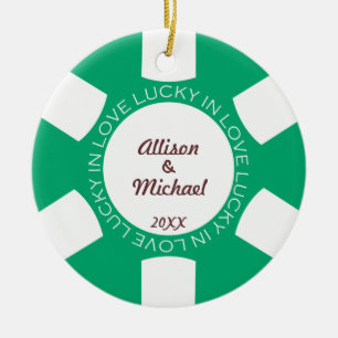 Green poker chip lucky in love couple photo vegas ceramic tree decoration