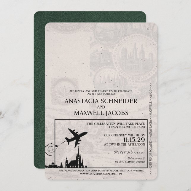 Green Poland Passport Wedding Invitation (Front/Back)