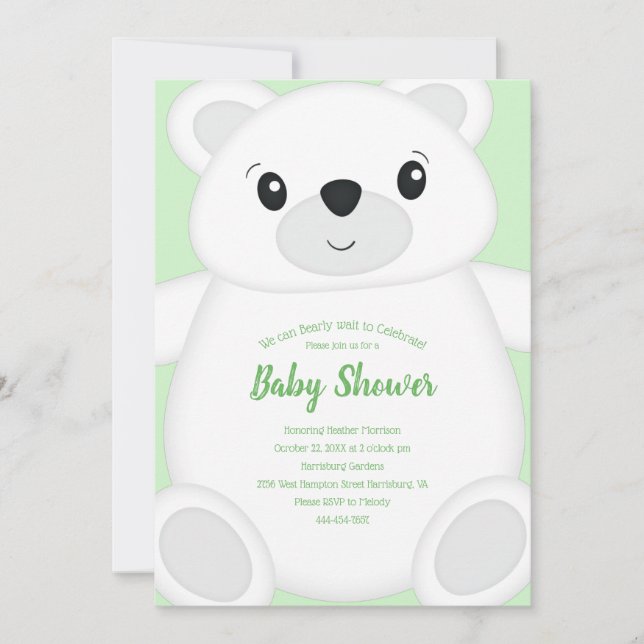 Green Polar Bear Baby Shower Invitation (Front)