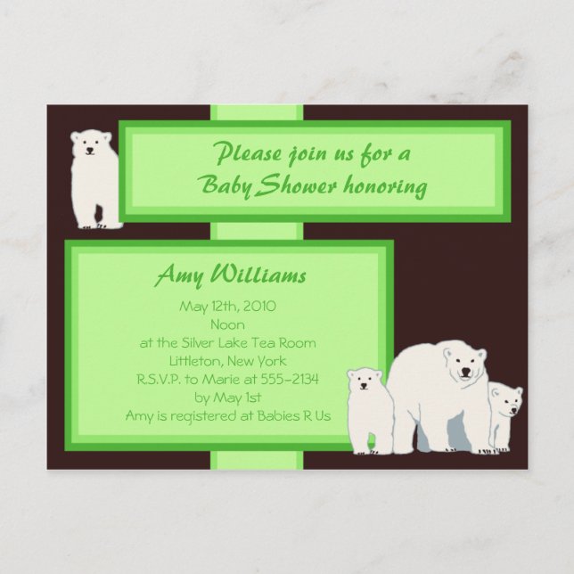 Green Polar Bears Postcard Shower Invitation (Front)