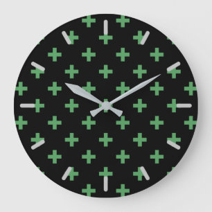 Green polka crosses on black large clock