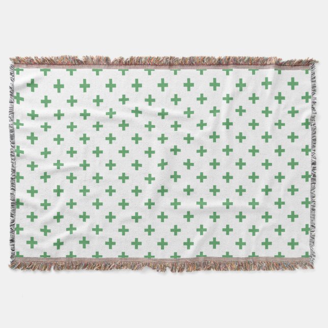 Green polka crosses on white throw blanket (Front)