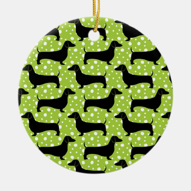 Green Polka Dachshunds Ceramic Tree Decoration (Front)