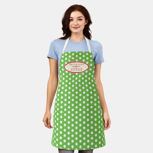 Green polka dot christmas star cake baking custom apron (Worn)