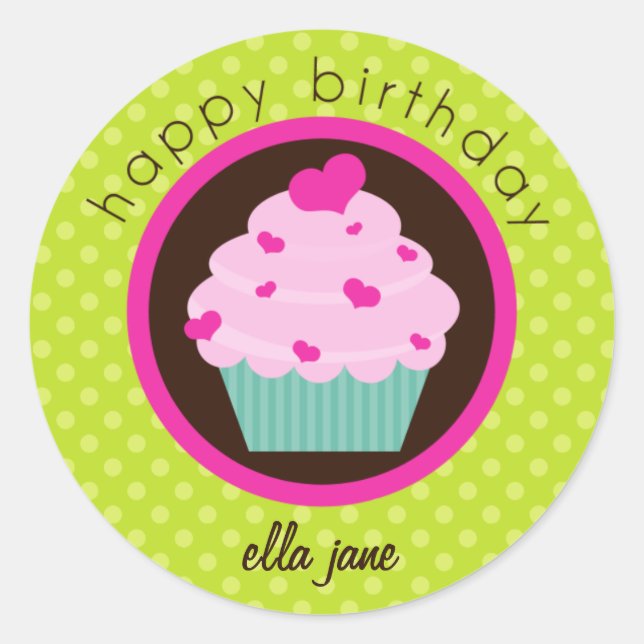 Green Polka Dot Cupcake Happy Birthday Sticker (Front)