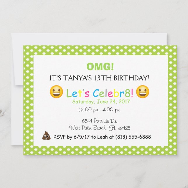 green polka dot emoji birthday invite (Front)