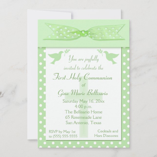 Green Polka Dot First Holy Communion Invitation (Front)