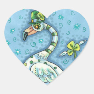 GREEN POLKA DOT FLAMINGO, FUNNY ST. PATRICK'S DAY HEART STICKER