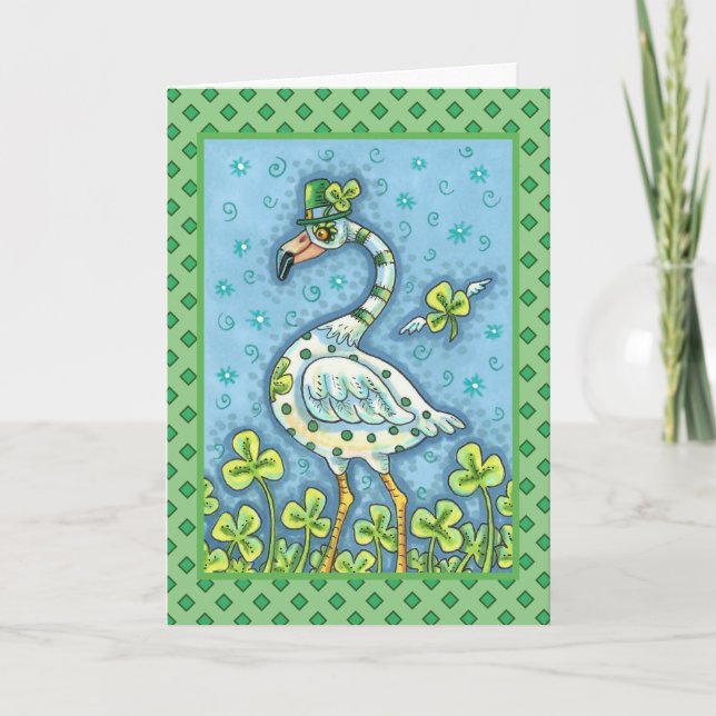 GREEN POLKA DOT FLAMINGO, FUNNY ST. PATRICK'S DAY HOLIDAY CARD (Front)