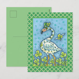 GREEN POLKA DOT FLAMINGO, FUNNY ST. PATRICK'S DAY HOLIDAY POSTCARD