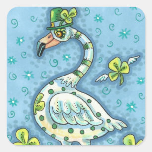 GREEN POLKA DOT FLAMINGO, FUNNY ST. PATRICK'S DAY SQUARE STICKER