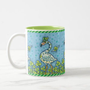 GREEN POLKA DOT FLAMINGO, FUNNY ST. PATRICK'S DAY Two-Tone COFFEE MUG