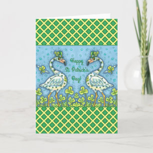 GREEN POLKA DOT FLAMINGOS, FUNNY ST. PATRICK'S DAY HOLIDAY CARD