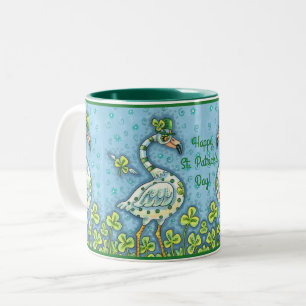 GREEN POLKA DOT FLAMINGOS, FUNNY ST. PATRICK'S DAY Two-Tone COFFEE MUG