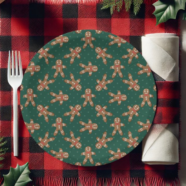 Green Polka Dot Gingerbread Man Christmas Paper Plate (Creator Uploaded)