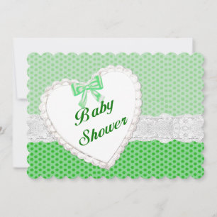 Green Polka Dot Lace Heart Baby Shower Invitation