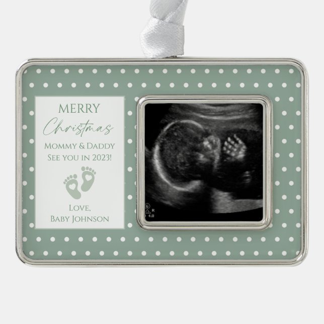 Green Polka Dot New Baby Ultrasound Photo Silver Plated Framed Ornament (Front)