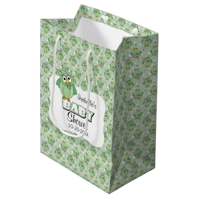 Green Polka Dot Owl - Baby Shower  Medium Gift Bag (Front Angled)