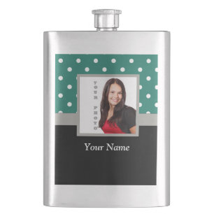 Green polka dot photo template hip flask