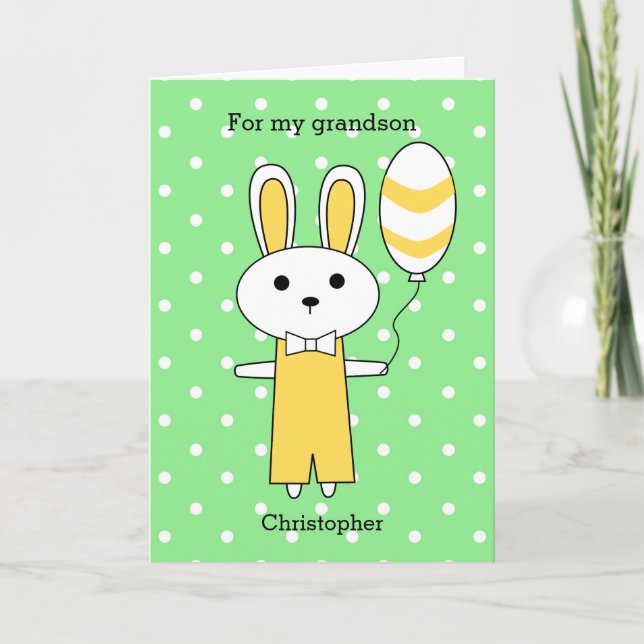 Green Polka Dot Yellow Easter Bunny Holiday Card (Front)