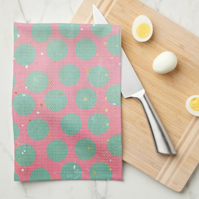 Green Polka Dots and Gold Stars on a Red Kitchen Tea Towel (Quarter Fold)