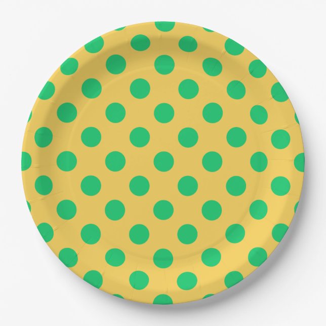 Green polka dots on yellow paper plate (Front)
