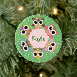 Green Polka Dots Owl Wreath Ceramic Tree Decoration