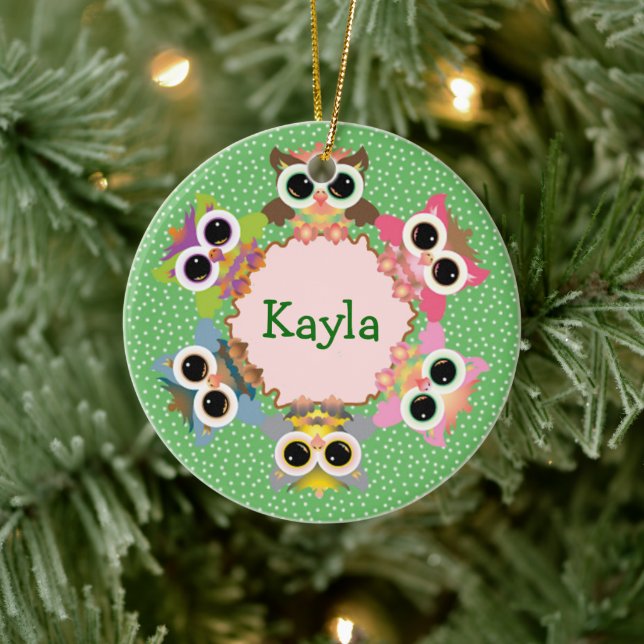Green Polka Dots Owl Wreath Ceramic Tree Decoration (Tree)
