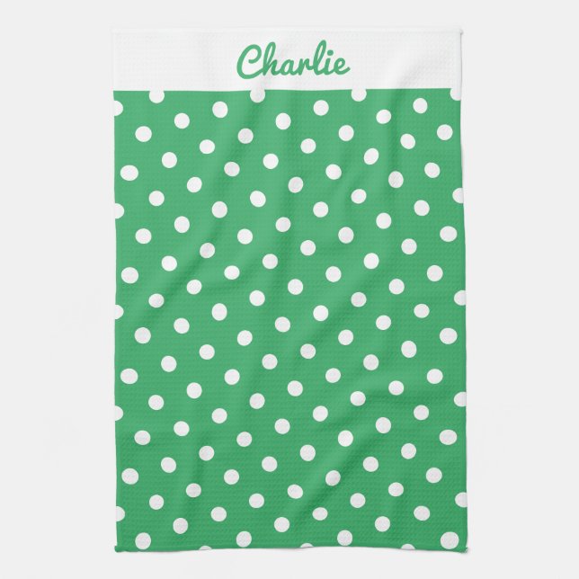 Green Polka Dots Pattern Stylish Personalised Tea Towel (Vertical)