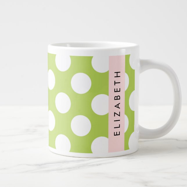 Green Polka Dots, Polka Dot Pattern, Your Name Large Coffee Mug (Right)