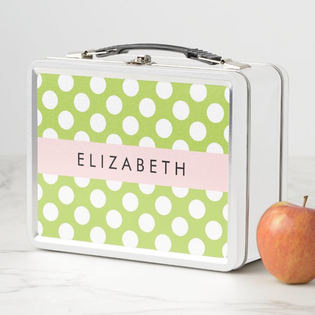 Green Polka Dots, Polka Dot Pattern, Your Name Metal Lunch Box (In Situ)