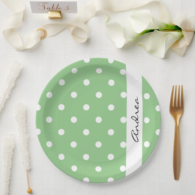 Green Polka Dots, Polka Dot Pattern, Your Name Paper Plate (Wedding)