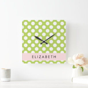Green Polka Dots, Polka Dot Pattern, Your Name Square Wall Clock