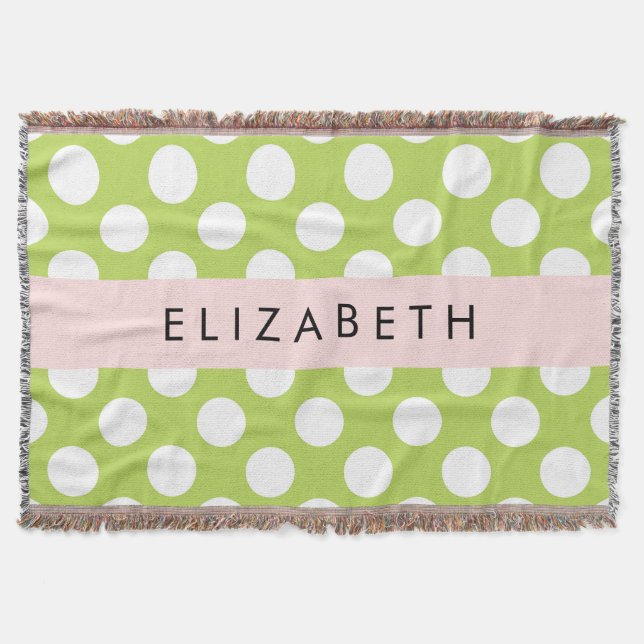 Green Polka Dots, Polka Dot Pattern, Your Name Throw Blanket (Front)