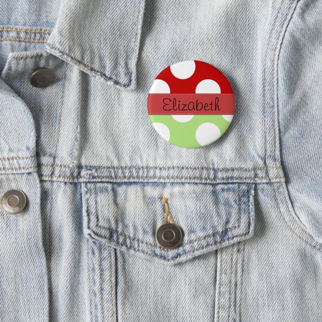 Green Polka Dots, Red Polka Dots, Your Name 6 Cm Round Badge (In Situ)